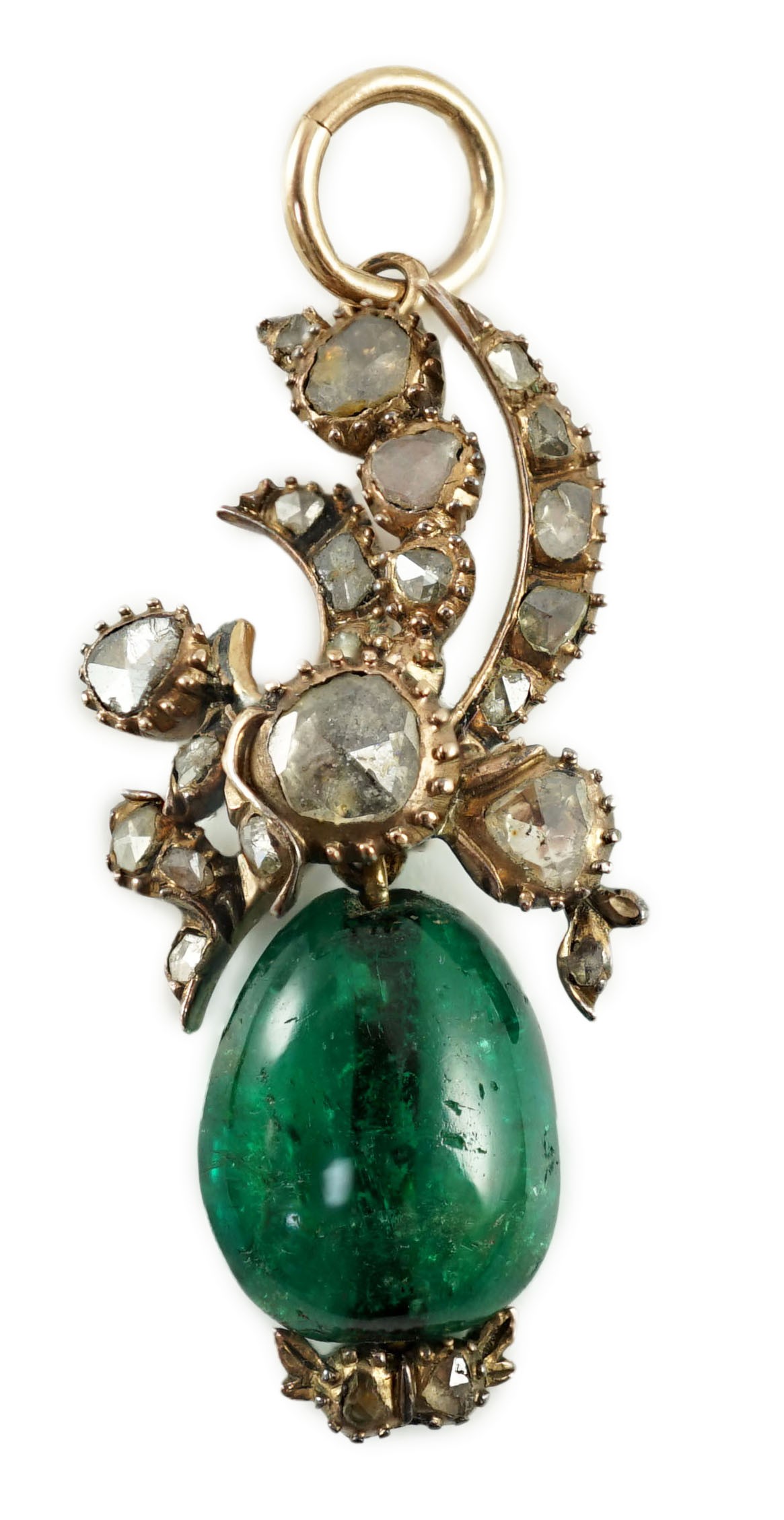 A late 19th/early 20th century gold, emerald and rose cut diamond set drop pendant